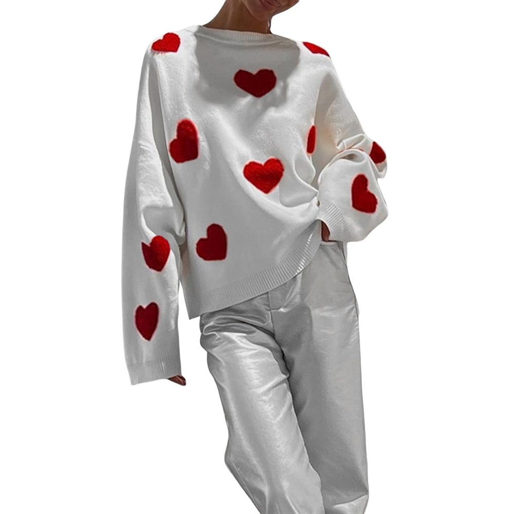 FOMOYUU Women Heart Print Sweater Valentine 's Day Pullovers Long Sleeve Round Neck Knitted Blouse Casual Loose Sweatshirt (White H, S)