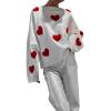 FOMOYUU Women Heart Print Sweater Valentine 's Day Pullovers Long Sleeve Round Neck Knitted Blouse Casual Loose Sweatshirt (White H, S) view 1