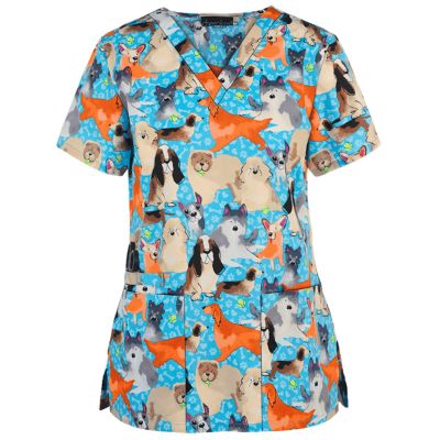 Holiday Scrubs Short Sleeve Work T Shirt Womans Tunic Spring Classic Cotton V Neck Stretchy Pocket Dinosaur Slim Fit Tops Women Blue