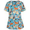 Holiday Scrubs Short Sleeve Work T Shirt Womans Tunic Spring Classic Cotton V Neck Stretchy Pocket Dinosaur Slim Fit Tops Women Blue view 1