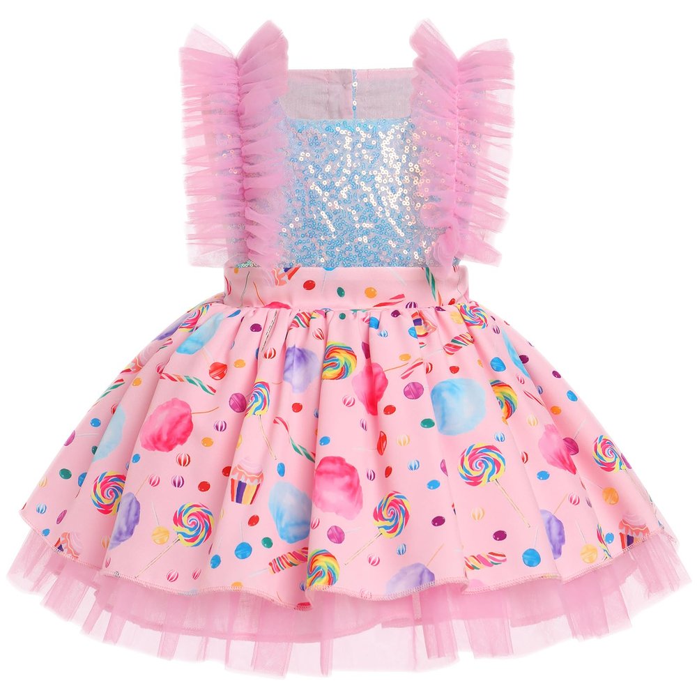 Baby Girl First Birthday Party Dress, Toddler Kids Candy Printed Ruffle Sleeve Sequin Tulle Tutu Princess A-line Pageant Evening Summer Sundress Photo Shooting Props Clothes Pink Candy 18-24M