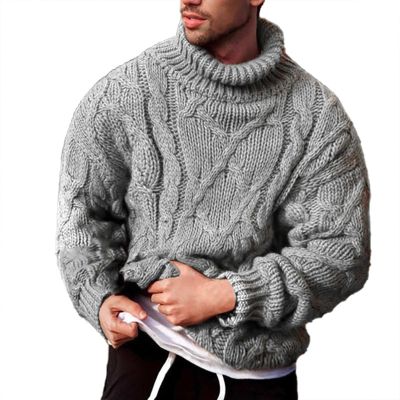 xoxingysm Mens Casual Turtleneck Sweaters Warm Twisted Pattern Basic Designed Solid Mock Neck Knitted Loose Fit Pullover Sweater Grey