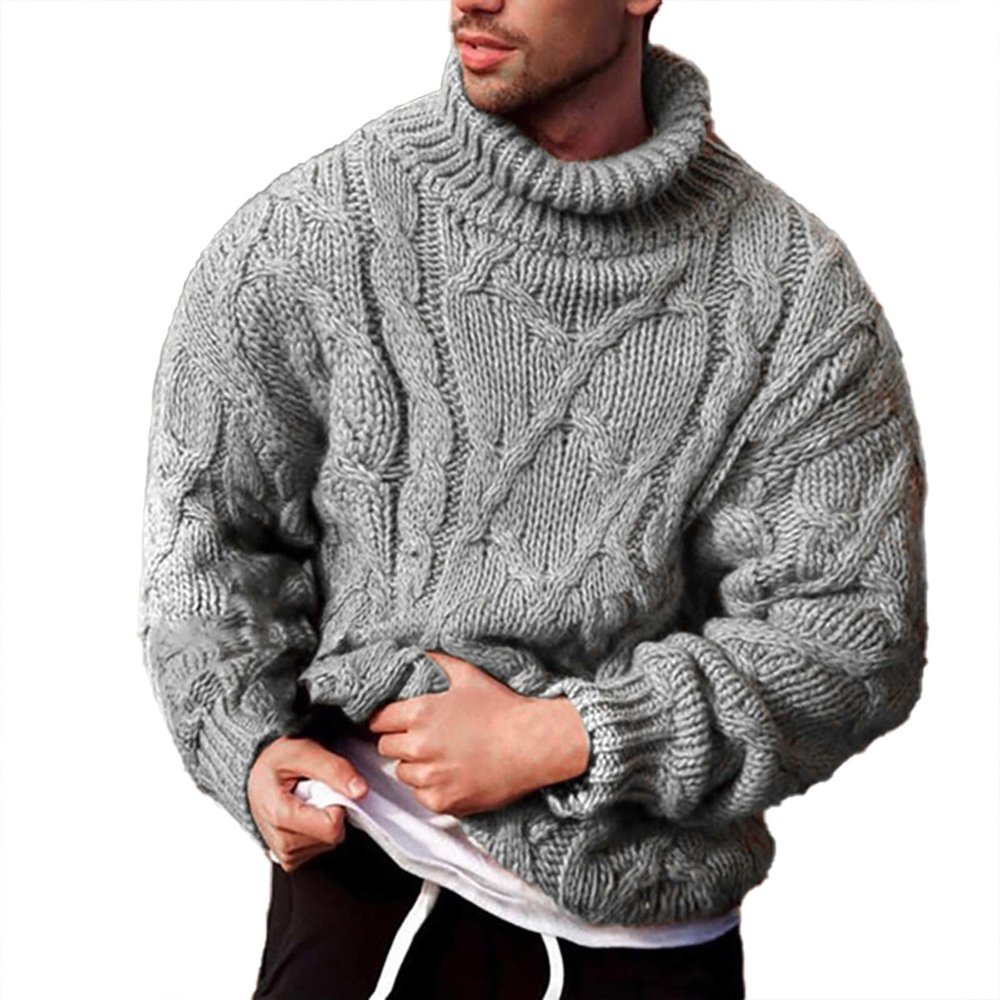 xoxingysm Mens Casual Turtleneck Sweaters Warm Twisted Pattern Basic Designed Solid Mock Neck Knitted Loose Fit Pullover Sweater Grey