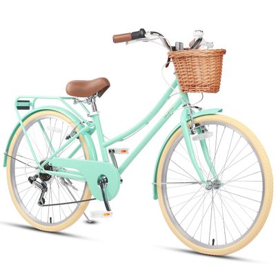 Glerc 26 Inch Beach Cruiser Bike, 6-Speed Hybrid City Bicycle for Girls Youth and Over 6 Years Old, Missy Bike with Wicker Basket & Lightweight, Mint