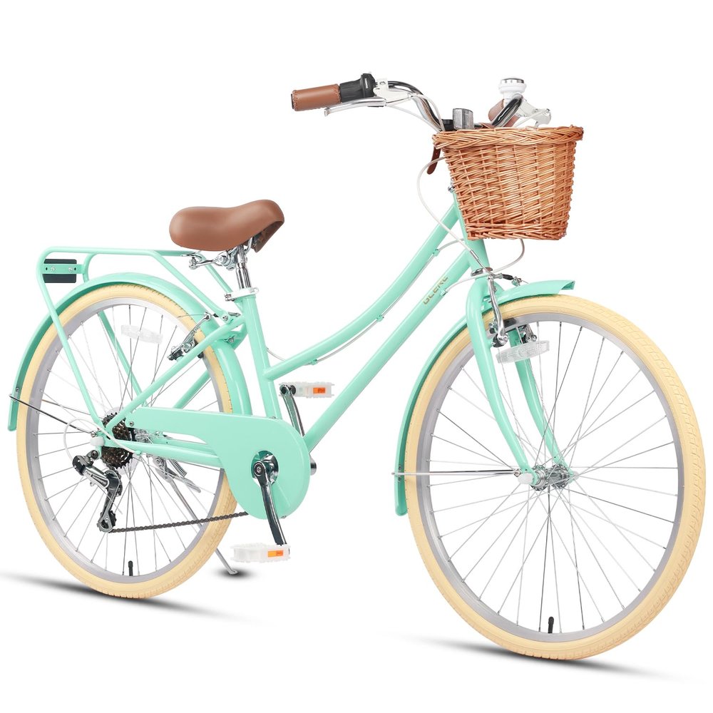 Glerc 26 Inch Beach Cruiser Bike, 6-Speed Hybrid City Bicycle for Girls Youth and Over 6 Years Old, Missy Bike with Wicker Basket & Lightweight, Mint