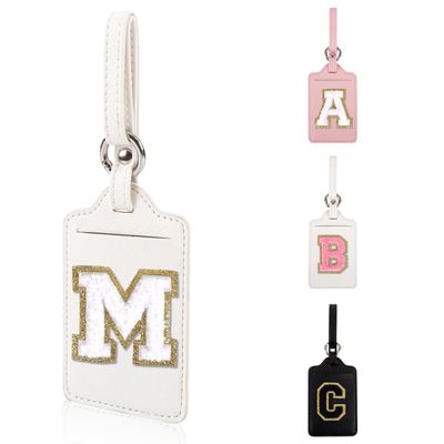 Personalized Initial Luggage Tags for Suitcases, Leather Chenille Letter Cute Luggage Tags with Privacy Name Card, Embroidered Travel Bag Backpack Tag Gifts for Women Kids Girls Teens(White-M)