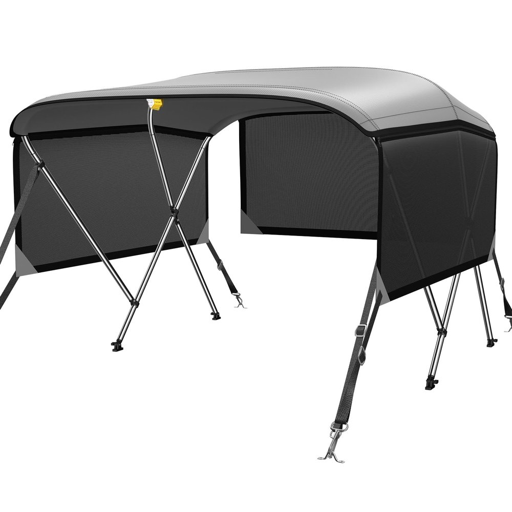 KAKIT Bimini Tops for Boats with 3 Mesh Sidewalls Rear Support Poles Boat Canopy Includes Straps Storage Boot(3 Bow 6'L x 46" H x 61"-66" W,Dark Gray)