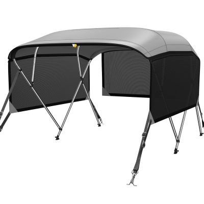 KAKIT Bimini Tops for Boats with 3 Mesh Sidewalls Rear Support Poles Boat Canopy Includes Straps Storage Boot(4 Bow 8'L x 54" H x 67"-72" W,Dark Gray)