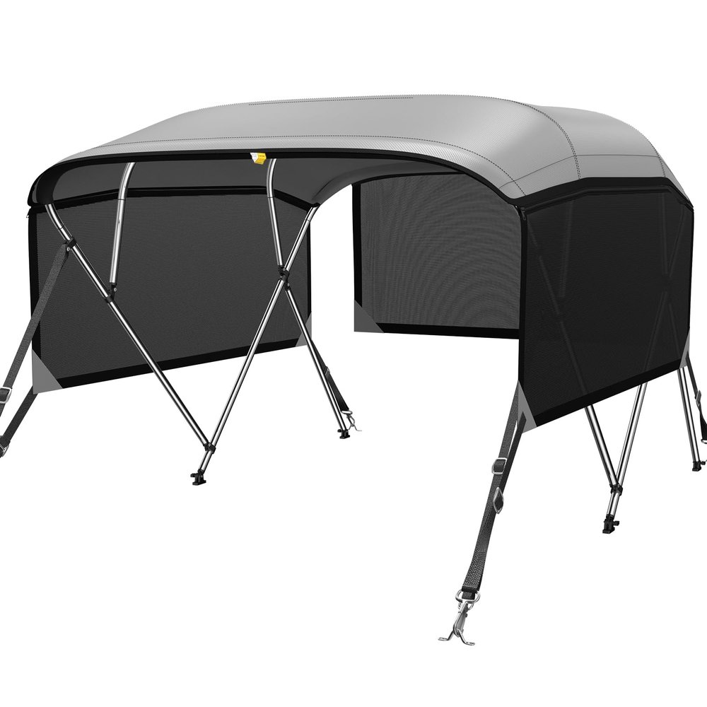 KAKIT Bimini Tops for Boats with 3 Mesh Sidewalls Rear Support Poles Boat Canopy Includes Straps Storage Boot(4 Bow 8'L x 54" H x 67"-72" W,Dark Gray)