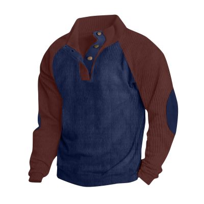 Alalaso Mens Corduroy Shirt Lapel Collar Button Up Pullover Long Sleeve Sweaters Polo Sweatshirts with Elbow Patches