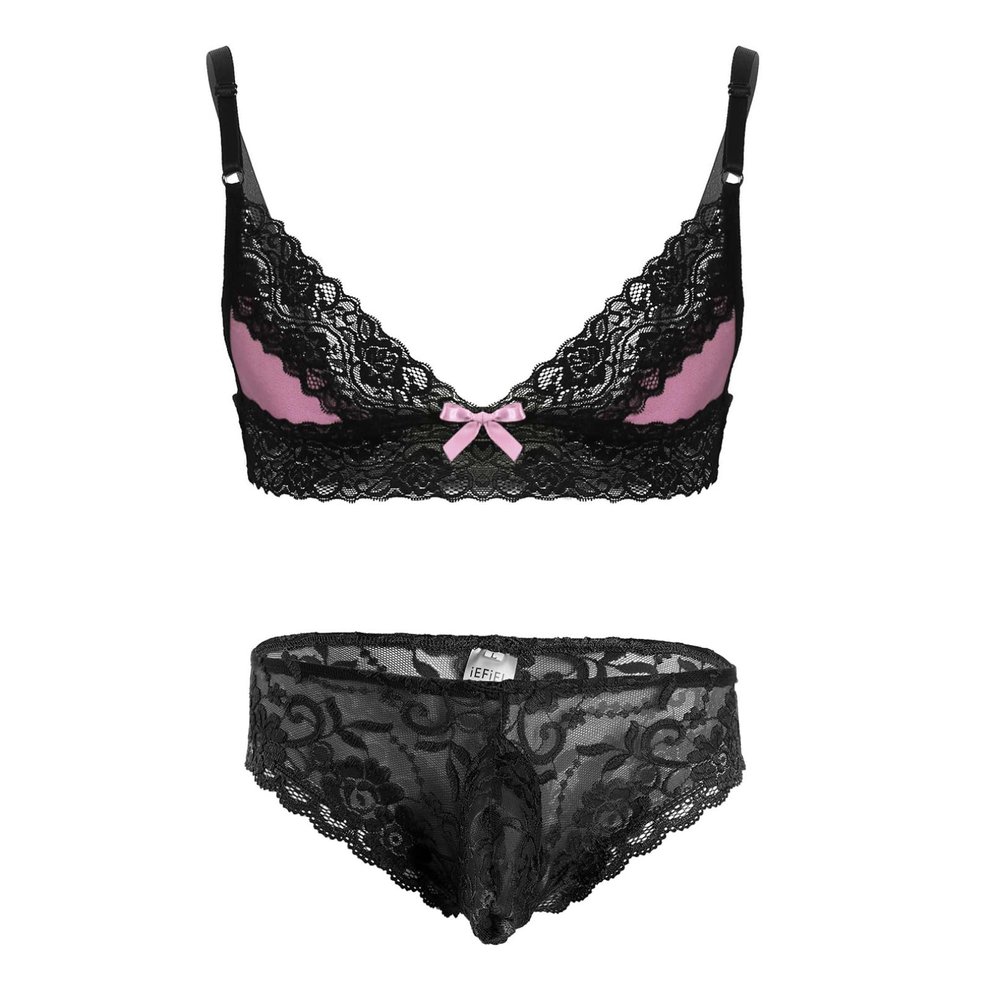Agoky Men's Sissy Bikini Crossdressing Lingerie Floral Lace Satin Bra Briefs Crossdresser Underwear Pink Medium