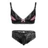Agoky Men's Sissy Bikini Crossdressing Lingerie Floral Lace Satin Bra Briefs Crossdresser Underwear Pink Medium view 1