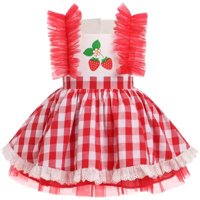 Baby Girls Strawberry Outfit Toddler Kids My 1st Birthday Party Dress Cake Smash Photo Shooting Ruffle Sleeve A-line Plaid Skirt Formal Party Pageant Summer Holiday Sundress Red Strawberry 2-3T