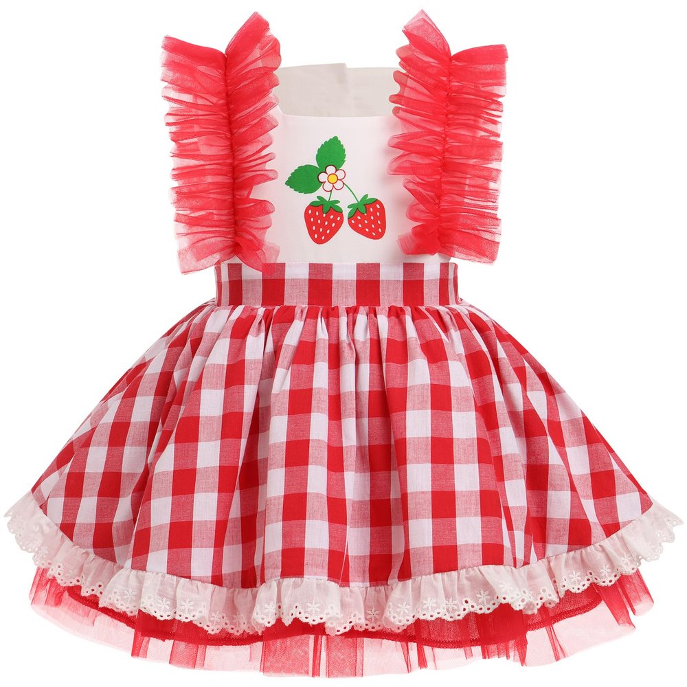 Baby Girls Strawberry Outfit Toddler Kids My 1st Birthday Party Dress Cake Smash Photo Shooting Ruffle Sleeve A-line Plaid Skirt Formal Party Pageant Summer Holiday Sundress Red Strawberry 2-3T