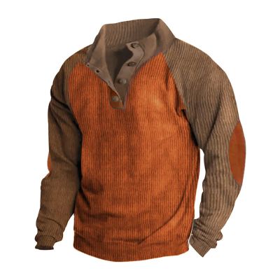 Alalaso Mens Corduroy Shirt Lapel Collar Button Up Pullover Long Sleeve Sweaters Polo Sweatshirts with Elbow Patches