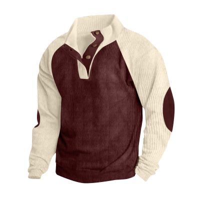 Alalaso Mens Corduroy Shirt Lapel Collar Button Up Pullover Long Sleeve Sweaters Polo Sweatshirts with Elbow Patches