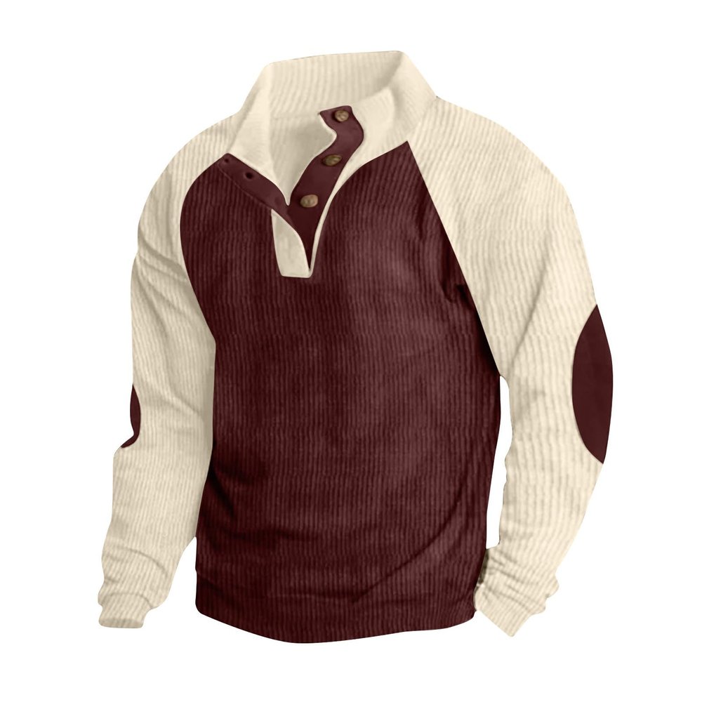 Alalaso Mens Corduroy Shirt Lapel Collar Button Up Pullover Long Sleeve Sweaters Polo Sweatshirts with Elbow Patches