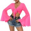 Bell Sleeve Mesh Tops for Women Rave Outfits Tie Front Crop Top Long Sleeve Shirt Sheer Blouse Festival Hot Pink X-Small view 1