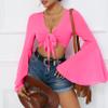 Bell Sleeve Mesh Tops for Women Rave Outfits Tie Front Crop Top Long Sleeve Shirt Sheer Blouse Festival Hot Pink X-Small view 2