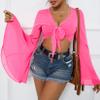 Bell Sleeve Mesh Tops for Women Rave Outfits Tie Front Crop Top Long Sleeve Shirt Sheer Blouse Festival Hot Pink X-Small view 3