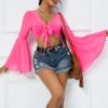 Bell Sleeve Mesh Tops for Women Rave Outfits Tie Front Crop Top Long Sleeve Shirt Sheer Blouse Festival Hot Pink X-Small view 4