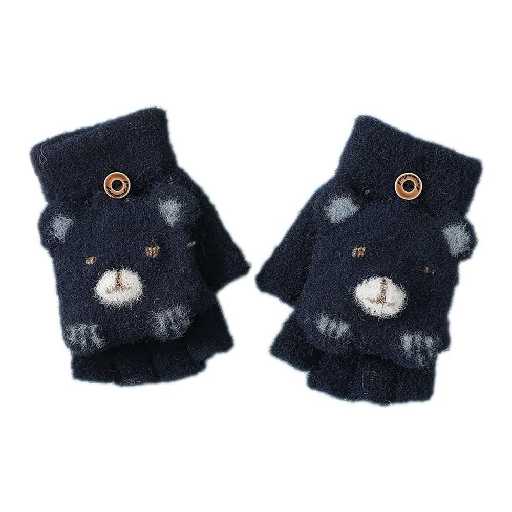 2 to 6Years Toddler Breathable Mittens Knitting Children Cartoon Bear Half Refer To Flip Warm Leakage Refers To Write (Navy, One Size)