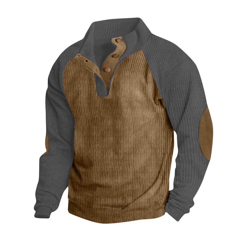Alalaso Mens Corduroy Shirt Lapel Collar Button Up Pullover Long Sleeve Sweaters Polo Sweatshirts with Elbow Patches