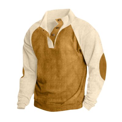 Alalaso Mens Corduroy Shirt Lapel Collar Button Up Pullover Long Sleeve Sweaters Polo Sweatshirts with Elbow Patches