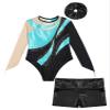 Aislor Kids Girls Shiny Rhinestone Mesh Long Sleeve Gymnastics Leotard Tumbling Bodysuit and Metallic Shorts Hair Band Turquoise&Black 14 Years view 3