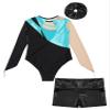 Aislor Kids Girls Shiny Rhinestone Mesh Long Sleeve Gymnastics Leotard Tumbling Bodysuit and Metallic Shorts Hair Band Turquoise&Black 14 Years view 4