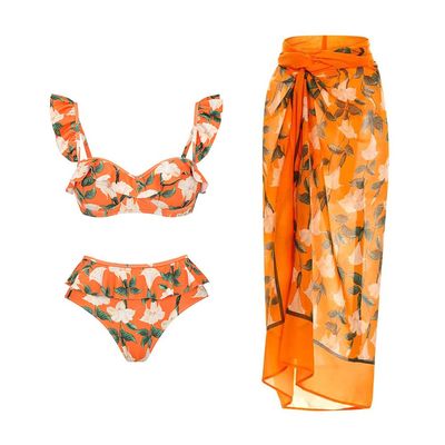 ABEWIP Womens One Piece Swimsuit with Cover Up Floral Print Swimwear Set Vacation Outfits Bathing Suits Orange with Leaf S