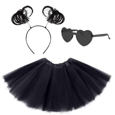 Lainlight Tutu for Girls 3 Layered Tulle Tutu Skirts Set for 4-10 Year,with Heart Glasses,Ponytail Headband Cosplay Party Supplies(3 Pcs) Black