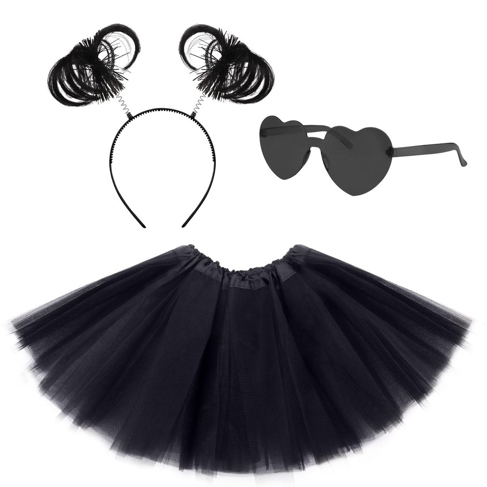 Lainlight Tutu for Girls 3 Layered Tulle Tutu Skirts Set for 4-10 Year,with Heart Glasses,Ponytail Headband Cosplay Party Supplies(3 Pcs) Black