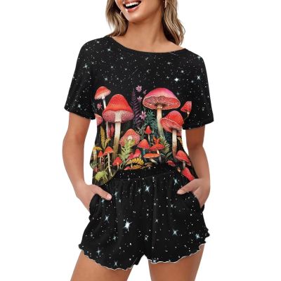 Coloranimal Mushroom Pajamas Sets for Women Starry Night Pink Flower Trippy Mushroom PJ Sleepwear Sets Short Sleeve Loungewear Top and Shorts with Pocket Athletic Casual T-shirts Tees M