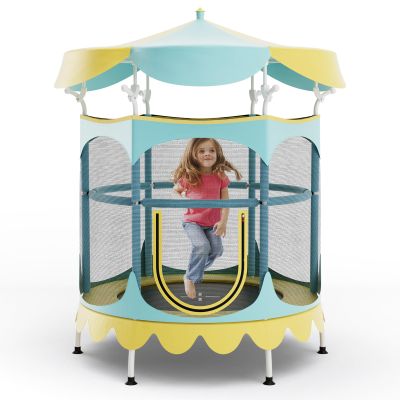 Goplus Kids Trampoline, 64" Toddler Trampoline with Detachable Canopy, Safety Enclosure Net, Foam Handle, Anti-Rust Springs, Indoor Outdoor Mini Recreational Trampoline for Boys Girls (Yellow+Blue)