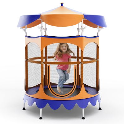 Goplus Kids Trampoline, 64" Toddler Trampoline with Detachable Canopy, Safety Enclosure Net, Foam Handle, Anti-Rust Springs, Indoor Outdoor Mini Recreational Trampoline for Boys Girls (Orange+Blue)