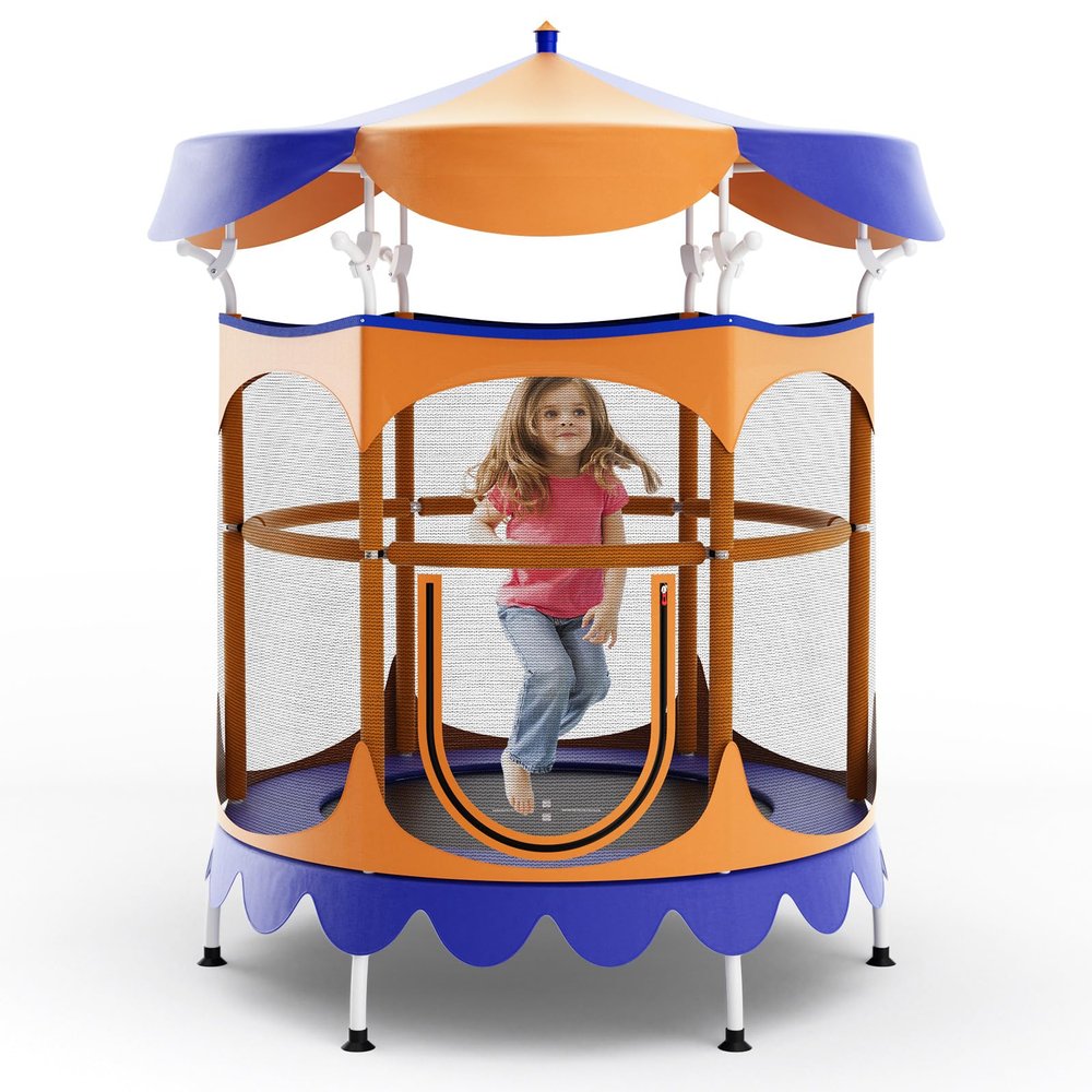 Goplus Kids Trampoline, 64" Toddler Trampoline with Detachable Canopy, Safety Enclosure Net, Foam Handle, Anti-Rust Springs, Indoor Outdoor Mini Recreational Trampoline for Boys Girls (Orange+Blue)