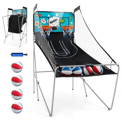 GYMAX Arcade Basketball Game Indoor Foldable with 8 Game Modes, Arcade Sound, 4 Balls and Inflation Pump, Electronic Basketball Games for Home