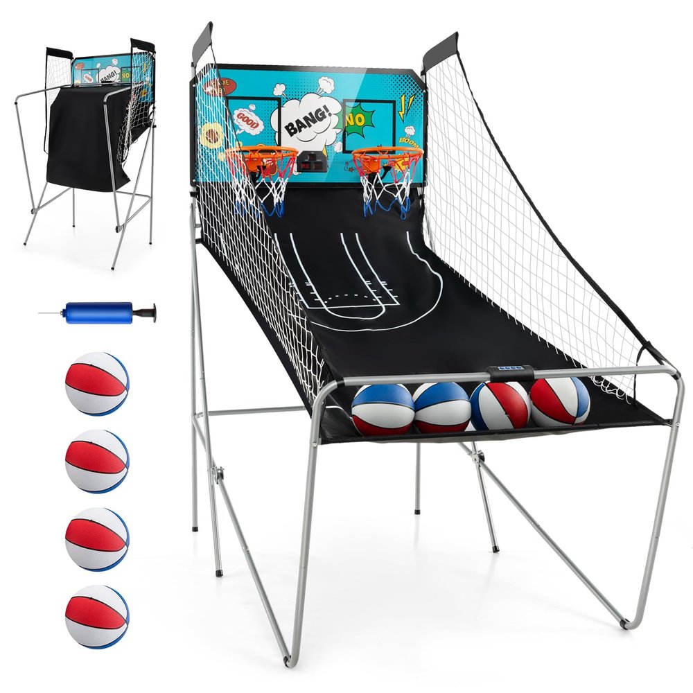GYMAX Arcade Basketball Game Indoor Foldable with 8 Game Modes, Arcade Sound, 4 Balls and Inflation Pump, Electronic Basketball Games for Home