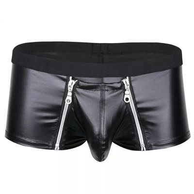 Metallic Boxer Shorts for Men Zipper PU Leather Boxer Briefs Bugle Pouch Underwear Wetlook Shiny Lingerie Booty Shorts Clubwear