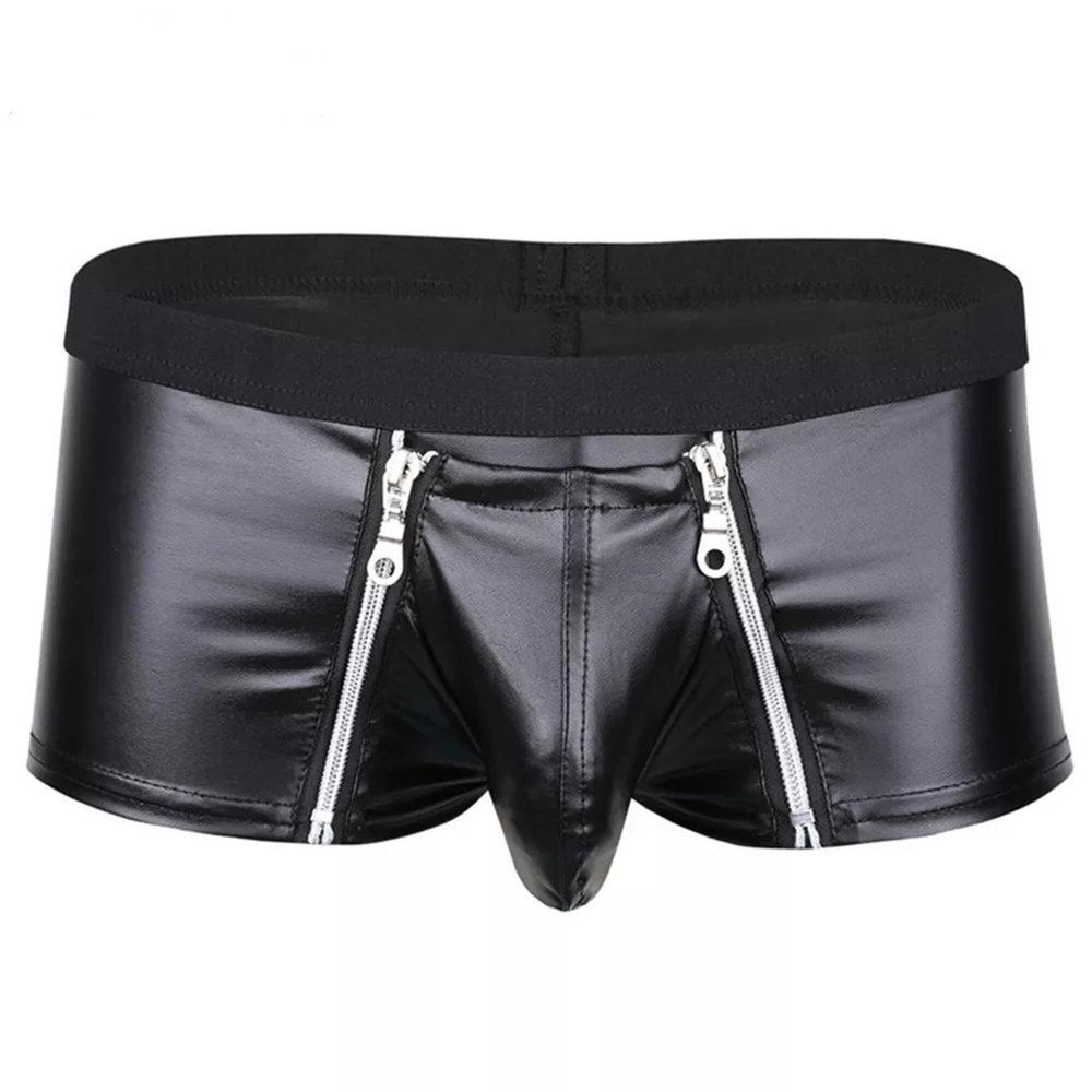 Metallic Boxer Shorts for Men Zipper PU Leather Boxer Briefs Bugle Pouch Underwear Wetlook Shiny Lingerie Booty Shorts Clubwear