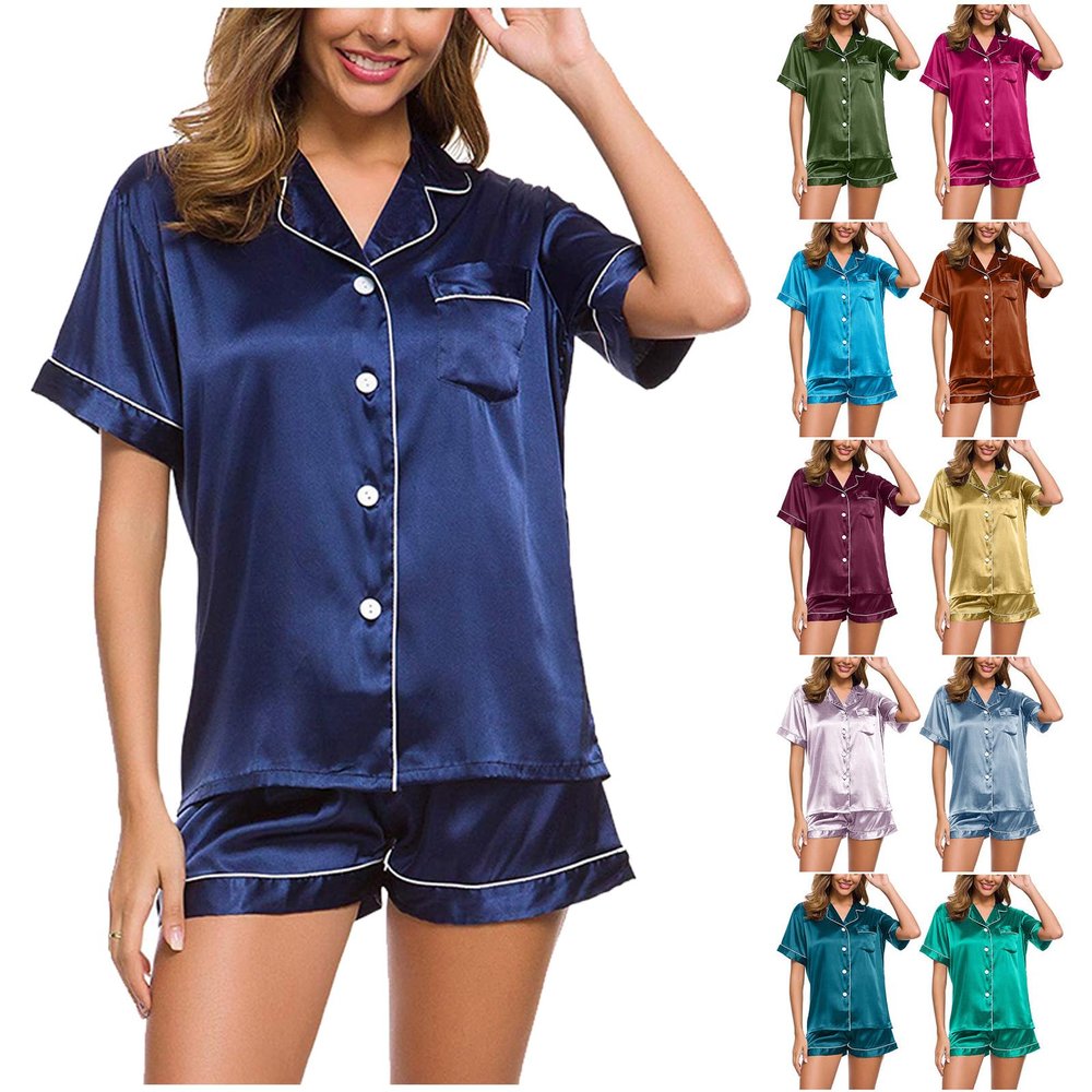 YMADREIG Pajamas For Women Silk Satin Pajamas Set For Women Two Piece Pj Sets Button-Down Christmas Pajamas Soft Comfy Loungewear Sleepwear