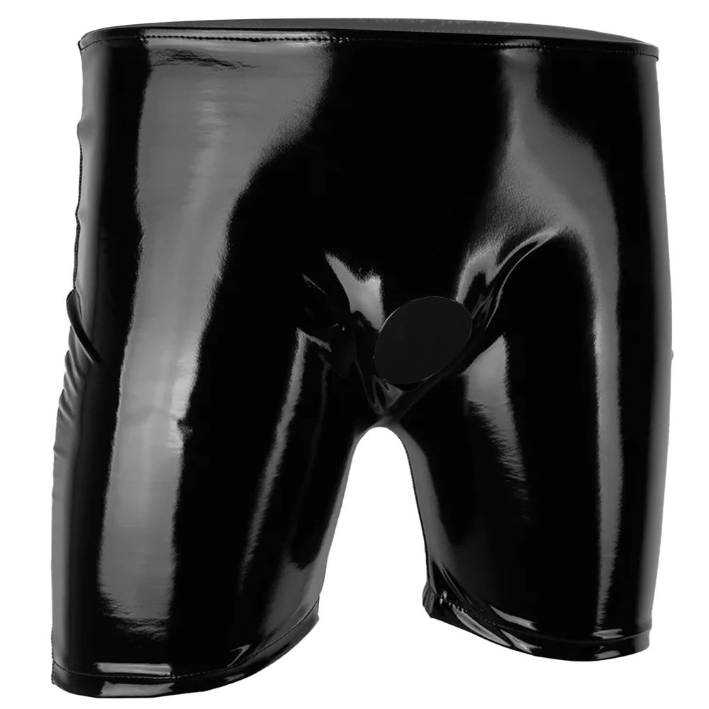 Men's Faux Leather Boxer Briefs Metallic Underwear Sqaure Leg Cheecky Hollow Out Shorts Shiny Sparkling Briefs Hot Pants