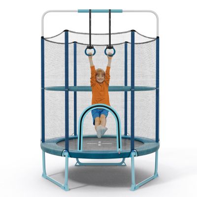 GYMAX 5FT Trampoline for Kids, ASTM Approved with Safety Net & Kitten Trapeze Rings, Mini Indoor/Outdoor (Extra High Blue)