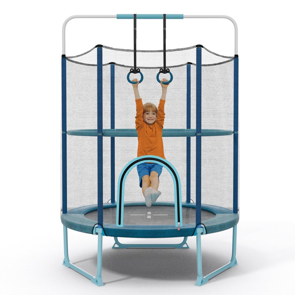 GYMAX 5FT Trampoline for Kids, ASTM Approved with Safety Net & Kitten Trapeze Rings, Mini Indoor/Outdoor (Extra High Blue)