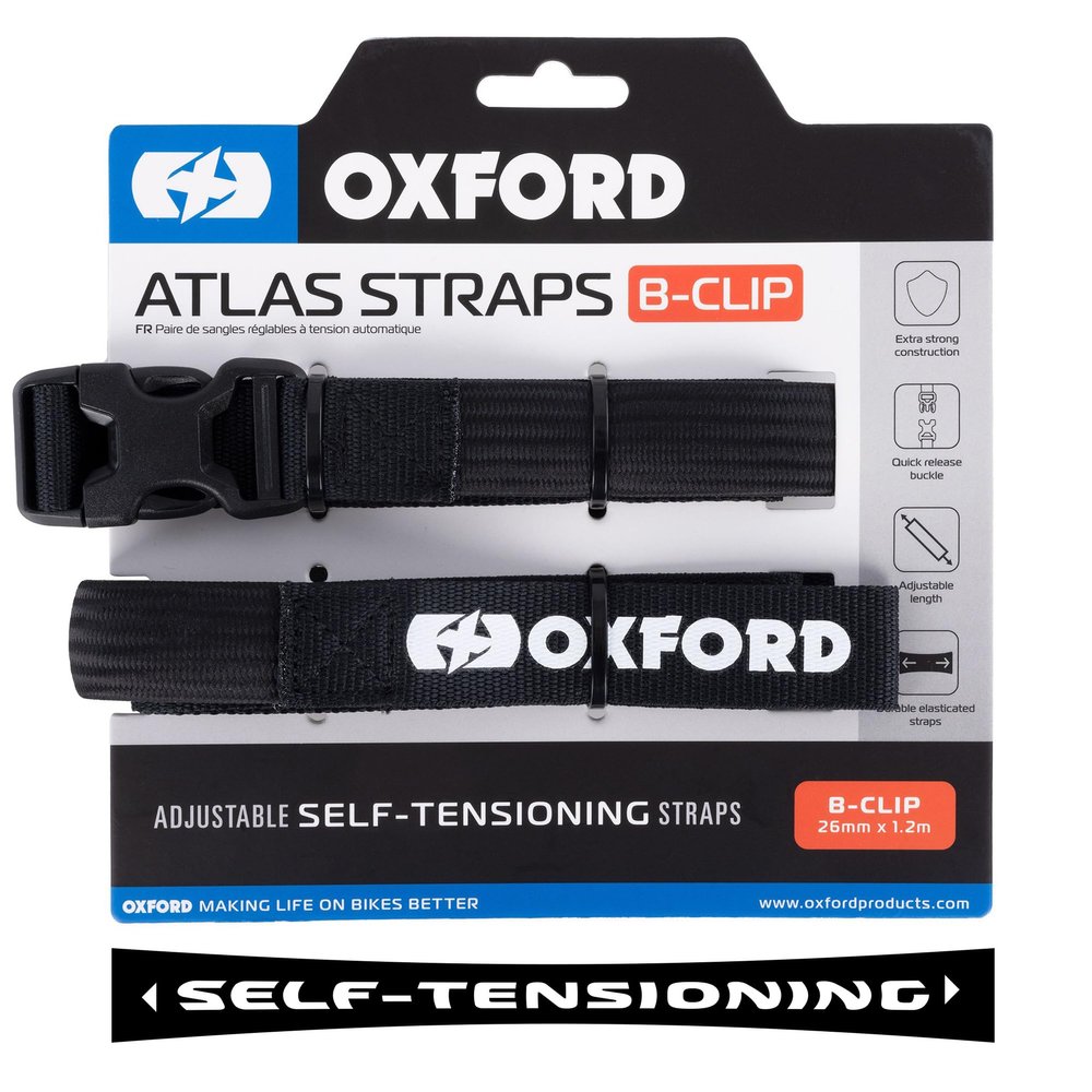 Atlas B-Clip (Pair), 26mm x 1.2m, Black. Motorcycle Adjustable Luggage Strap