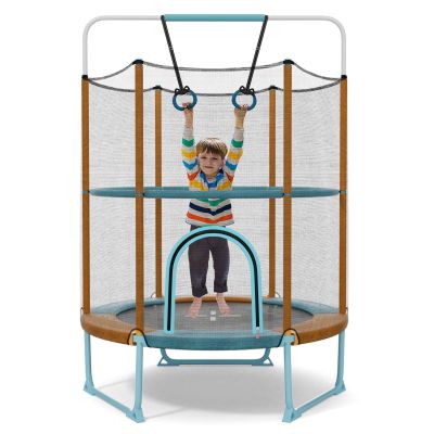Goplus 60'' Trampoline for Kids, 3-in-1 Toddler Trampoline with Gymnastic Bar, Swinging Rings, Heightened Safety Enclosure Net, 5 FT Indoor Outdoor Recreational Trampoline for Boys Girls (Blue+Orange)