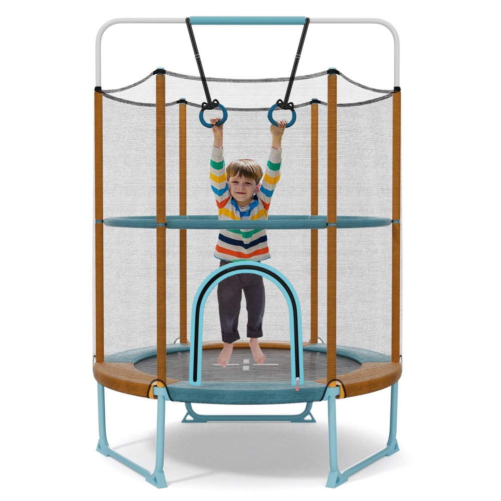 Goplus 60'' Trampoline for Kids, 3-in-1 Toddler Trampoline with Gymnastic Bar, Swinging Rings, Heightened Safety Enclosure Net, 5 FT Indoor Outdoor Recreational Trampoline for Boys Girls (Blue+Orange)