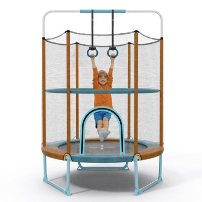 GYMAX 5FT Trampoline for Kids, ASTM Approved with Safety Net & Kitten Trapeze Rings, Mini Indoor/Outdoor (Extra High Orange)