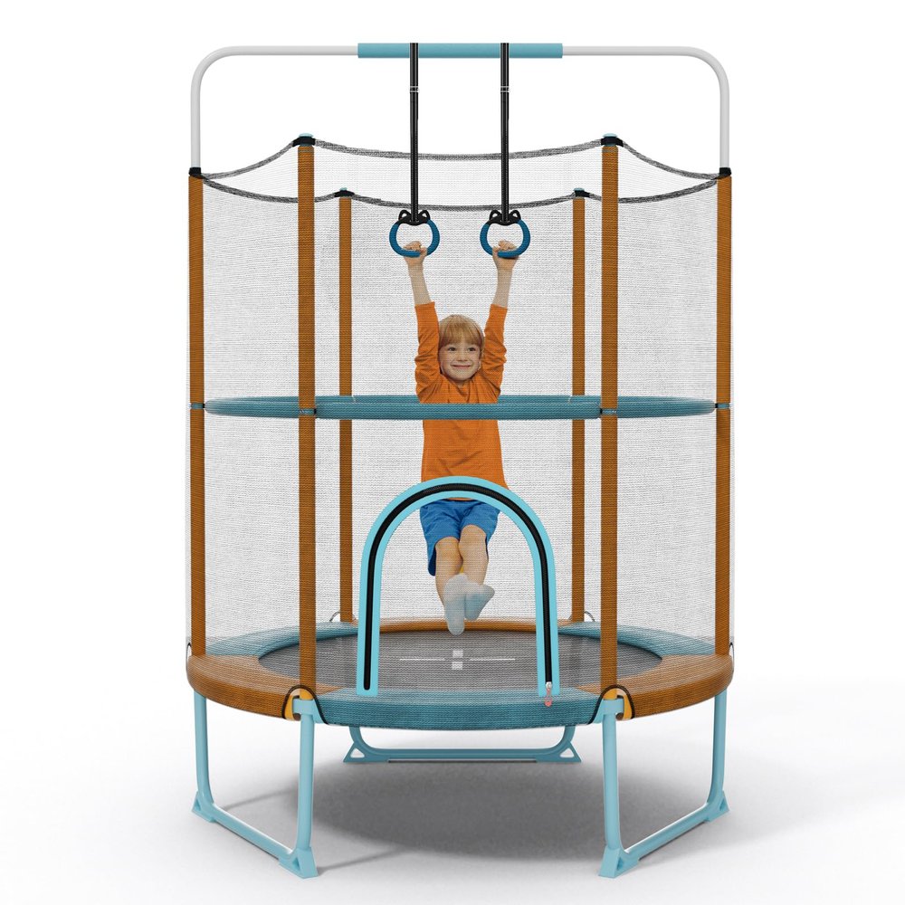 GYMAX 5FT Trampoline for Kids, ASTM Approved with Safety Net & Kitten Trapeze Rings, Mini Indoor/Outdoor (Extra High Orange)